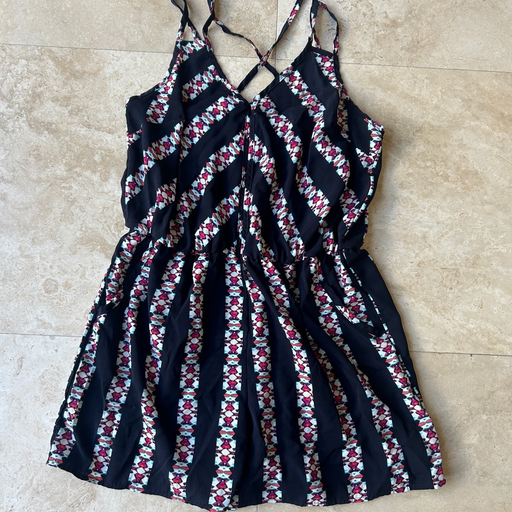 Black Striped Printed Romper with Crisscross Straps
